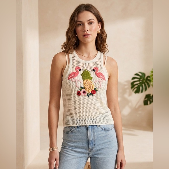 American Eagle Outfitters Tops - NWT American Eagle Crochet Tank Top Flamingo Pineapple Embroidered Small